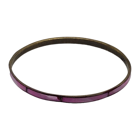 Vintage Inlay MOP Shell Brass Thin Bangle Bracelet Dyed Dark Pink - Picture 4 of 8